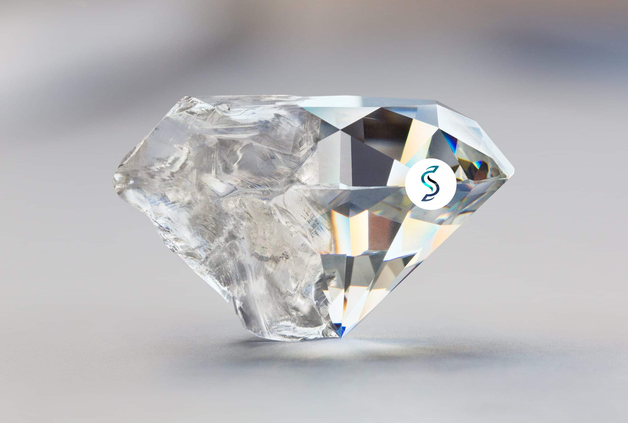 Bild eines Diamanten hälftig roh hälftig geschliffen mit Logo von Evelyn Siller